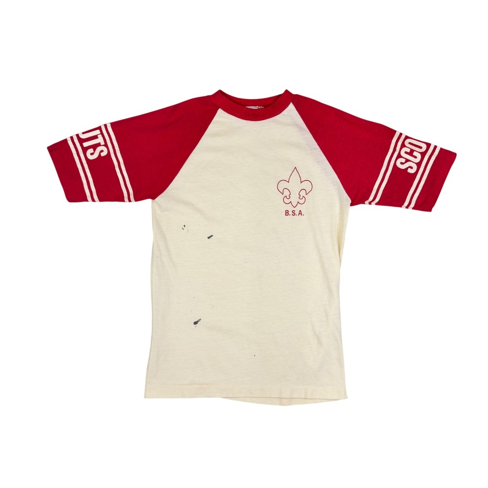Vtg Boy Scouts BSA Raglan T-Shirt Youth L Red Natural USA Made 70s 80s Camp Tee